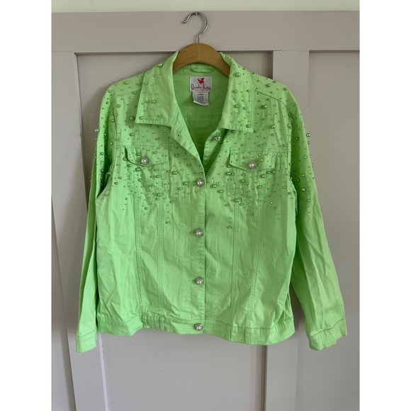 Quacker Factory Jackets & Blazers - Quacker Factory Lime Green Pearl Rhinestone Denim Jacket Womens Large Neon lime